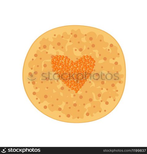 Pancake with red caviar in shape of heart icon in flat style isolated on white background. Russian traditional meal for Maslenitsa or Shrovetide. Vector illustration.. Vector Pancake with red caviar in shape of heart icon in flat style isolated on white background.