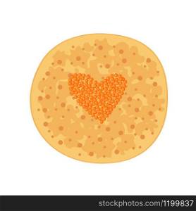 Pancake with red caviar in shape of heart icon in flat style isolated on white background. Russian traditional meal for Maslenitsa or Shrovetide. Vector illustration.. Vector Pancake with red caviar in shape of heart icon in flat style isolated on white background.