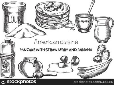 Pancake with Strawberry and Banana. Creative conceptual vector. Sketch hand drawn American food recipe illustration, engraving, ink, line art, vector.