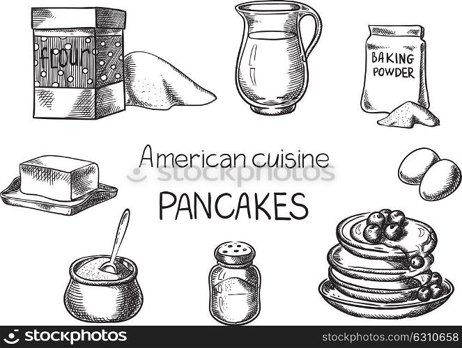 Pancakes. Creative conceptual vector. Sketch hand drawn American food recipe illustration, engraving, ink, line art, vector.