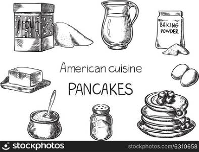 Pancakes. Creative conceptual vector. Sketch hand drawn American food recipe illustration, engraving, ink, line art, vector.