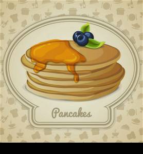 Pancakes dessert with maple syrup in frame and food cooking icons on background vector illustration