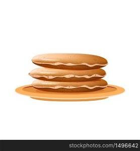 Pancakes stack on beige plate realistic vector illustration. Served dessert, traditional American and canadian breakfast. Fried flapjacks, delicious meal 3d isolated object on white background. Pancakes stack on beige plate realistic vector illustration