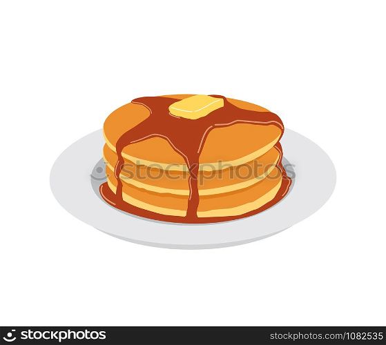 Pancakes with butter and maple syrup sweet on white plate