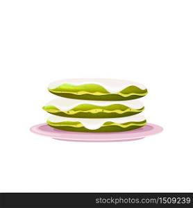 Pancakes with cream realistic vector illustration. Flour confection on purple plate. Served meal, traditional American breakfast. Sweet dessert 3d isolated object on white background. Pancakes with cream realistic vector illustration