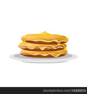 Pancakes with honey, dessert on white plate realistic vector illustration. Served American breakfast, flour confection. Fresh flapjacks with syrup 3d isolated object on white background. Pancakes with honey, dessert on white plate realistic vector illustration
