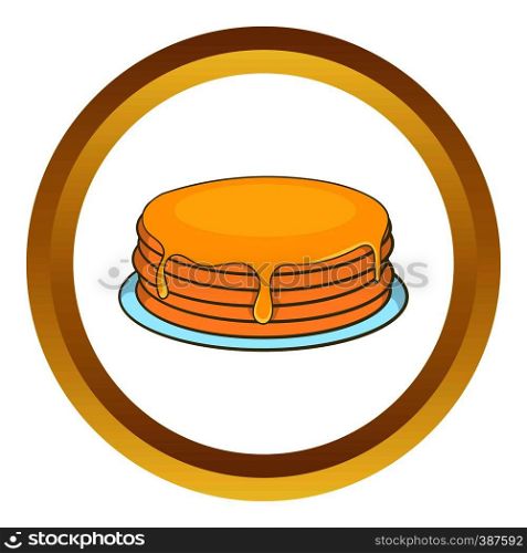 Pancakes with honey vector icon in golden circle, cartoon style isolated on white background. Pancakes with honey vector icon