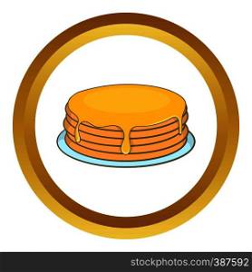 Pancakes with honey vector icon in golden circle, cartoon style isolated on white background. Pancakes with honey vector icon