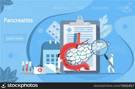 Pancreas doctors examine, treat pancreatitis. Tiny therapist looks through a magnifying glass. Test tubes, calendar are on blue background. Health care flat concept for landing page, website, app.. Pancreas doctors examine, treat pancreatitis. Tiny therapist looks through a magnifying glass.