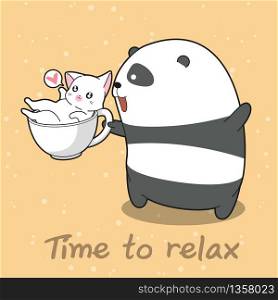Panda and cat in time to relax.