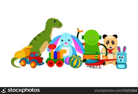 Panda and rabbit collection of toys, toys for kids, robot and dinosaur, helicopter and ball, car and steam train, isolated on vector illustration. Panda and Rabbit Collection Vector Illustration