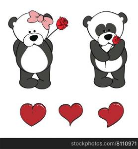 Panda bear character cartoon valentine rose pack Vector Image
