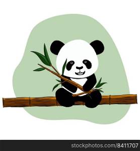 Panda bear cub sits on bamboo trunk with bamboo branches with green leaves in its paws, isolated on white background. Clipart, vector design element.. Panda bear cub sits on bamboo trunk with bamboo branches with green leaves in its paws, isolated on white background. Clipart, design element.