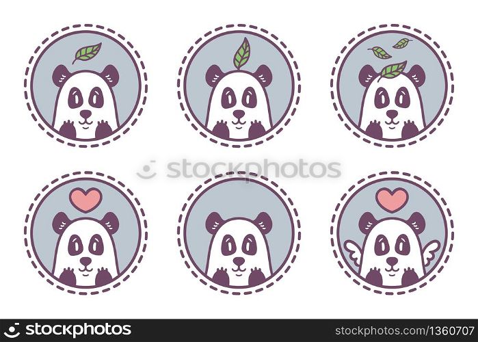 Panda bear with leaf logo set of illustration. Bamboo bear with heart. Chinese bear with heart and wings. Outline logo set. Set of panda emblems, icons, labels.
