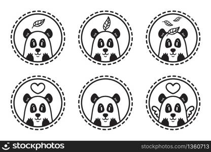 Panda bear with leaf logo set of illustration. Bamboo bear with heart. Chinese bear with heart and wings. Outline logo set. Set of panda emblems, icons, labels.