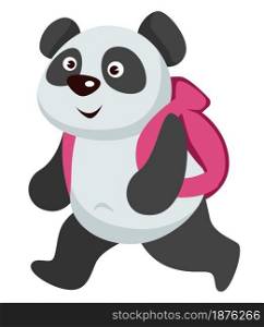 Panda carrying satchel walking to school. Isolated character with backpack, small personage pupil or student with bag. Studying and obtaining knowledge, education animals vector in flat style. Small panda animal walking with backpack to school