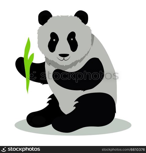 Panda cartoon character. Cute panda with bamboo branch flat vector isolated on white background. Asian fauna. Panda icon. Animal illustration for zoo ad, nature concept, children book illustrating