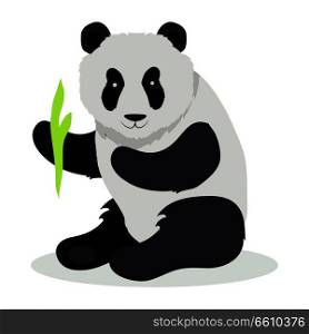 Panda cartoon character. Cute panda with bamboo branch flat vector isolated on white background. Asian fauna. Panda icon. Animal illustration for zoo ad, nature concept, children book illustrating
