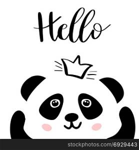Panda. Chinese panda bear.. Panda. Chinese panda bear in crown and lettering word Hello. Cute vector animal illustration for cards, web, prints, tshirts, tote bags design..