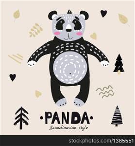 Panda cute funny character. Childish vector illustration in scandinavian style. Panda cute funny character. Childish vector illustration in scandinavian style flat design. Vector illusttration isolated concept for children print poster banner