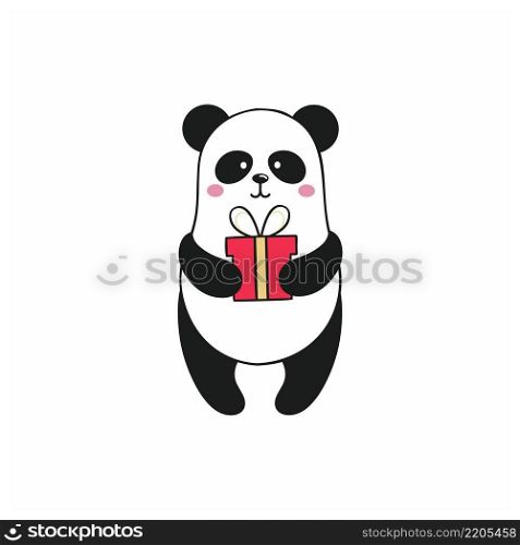 Panda holds a gift for birthday, New year or Christmas. Festive children’s cartoon illustration. Funny sticker for posts on social networks and the Internet.  Drawing of a Panda on a white background
