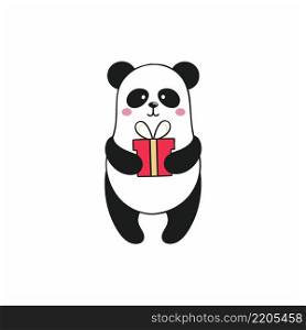 Panda holds a gift for birthday, New year or Christmas. Festive children’s cartoon illustration. Funny sticker for posts on social networks and the Internet.  Drawing of a Panda on a white background