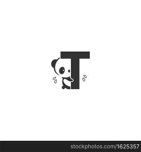 Panda icon behind letter T logo illustration template