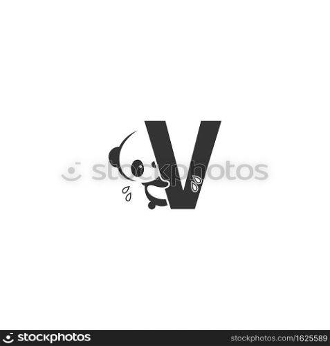 Panda icon behind letter V logo illustration template