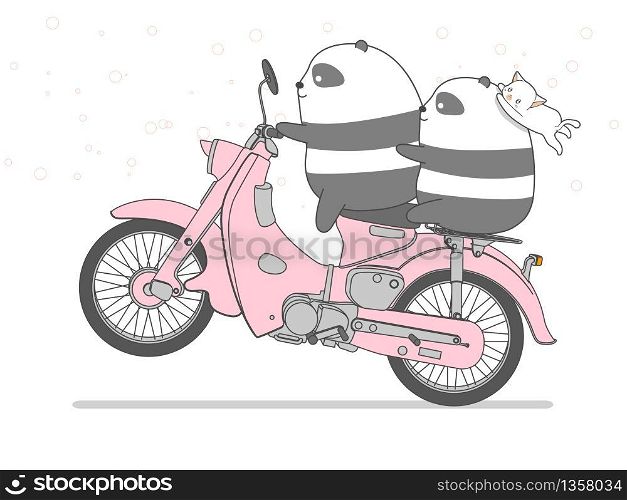 Panda is riding motorcycle in cartoon style.
