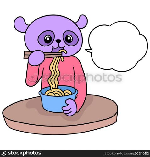 panda is sitting eating noodles