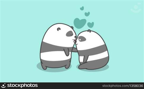 Panda kisses panda in cartoon style.