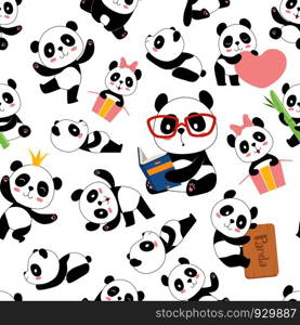 Panda pattern. Traditional asian cute china baby bears vector seamless illustrations with animals characters. Black white bear background, pattern asia fauna. Panda pattern. Traditional asian cute china baby bears vector seamless illustrations with animals characters