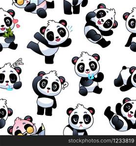 Panda seamless pattern. Cute little bamboo bears, funny china animals with different gestures, kids wallpaper art design. Print of wrapping paper or cloth vector texture. Panda seamless pattern. Cute little bamboo bears, funny china animals with different gestures, kids wallpaper art design. Print vector texture