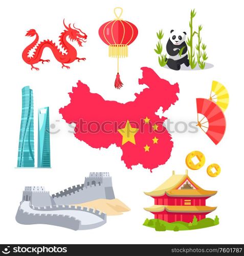 Panda with bamboo vector, map of Chinese country with flag and stars, mythological dragon creature, architecture and buildings, great wall sights. China simbols. Chinese Elements, Map and Dragon, Fan and Panda