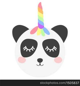 Pandacorn. Cute panda with a unicorn horn in the color of the rainbow. illustration in the Scandinavian style.