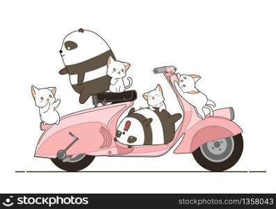 pandas and cats with motorbike in cartoon style.