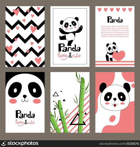 Pandas invitation cards. Newborn cute animals of chinese bear holiday vector placard design templates for kids. Character cartoon wildlife happy panda illustration. Pandas invitation cards. Newborn cute animals of chinese bear holiday vector placard design templates for kids