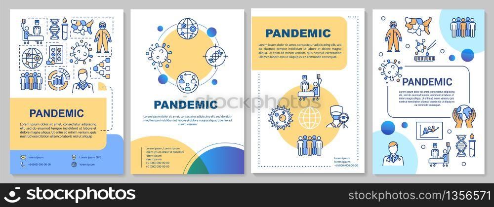 Pandemic brochure template. Coronavirus epidemic. Infection spreading. Flyer, booklet, leaflet print, cover design with linear icons. Vector layouts for magazines, annual reports, advertising posters