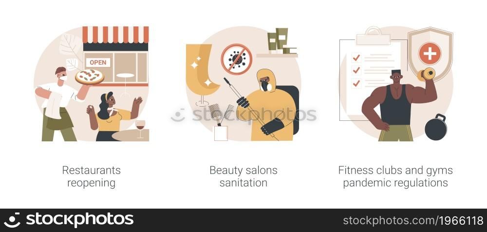 Pandemic business adaptation abstract concept vector illustration set. Restaurants reopening, beauty salons sanitation, fitness clubs and gyms pandemic regulations, distancing abstract metaphor.. Pandemic business adaptation abstract concept vector illustrations.