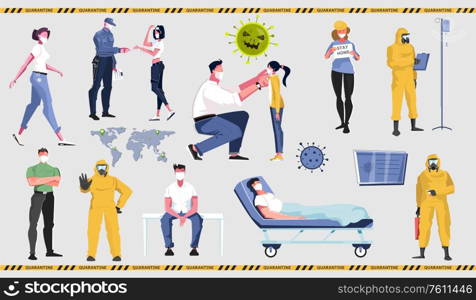 Pandemic coronavirus set with flat characters of virus protected people wearing face masks with medical appliances vector illustration