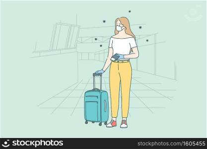 Pandemic influence on travel and airline crisis during covid-19. Lady in face medical mask standing with suitcase in empty airport and checking flight cancellation status on board vector illustration. Pandemic influence on travel and airline crisis during covid-19