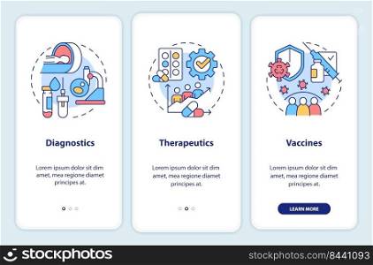 Pandemic preparedness clinical research onboarding mobile app screen. Walkthrough 3 steps editable graphic instructions with linear concepts. UI, UX, GUI template. Myriad Pro-Bold, Regular fonts used. Pandemic preparedness clinical research onboarding mobile app screen