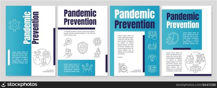 Pandemic prevention blue brochure template. Disease monitoring. Leaflet design with linear icons. Editable 4 vector layouts for presentation, annual reports. Anton, Lato-Regular fonts used. Pandemic prevention blue brochure template