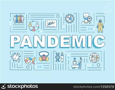 Pandemic word concepts banner. Contagious virus outbreak. Global spread of disease. Infographics with linear icons on mint background. Isolated typography. Vector outline RGB color illustration