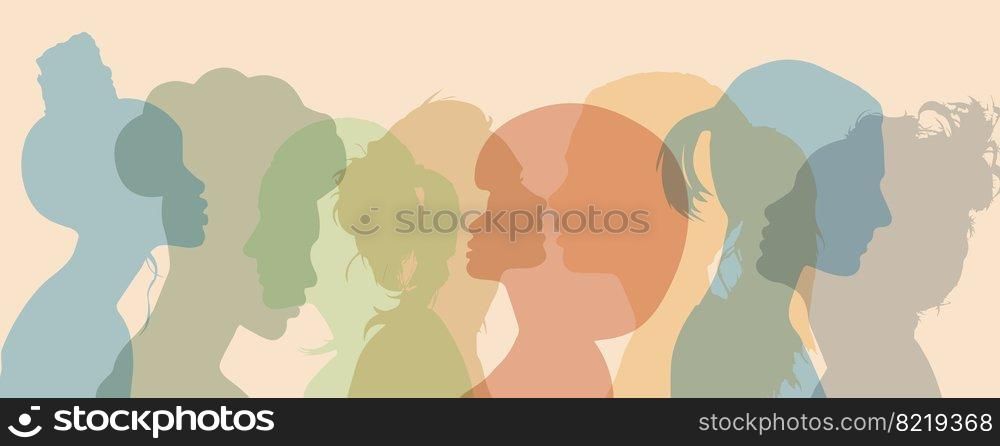 Panels with silhouettes of people of different nationalities. A group of employees, colleagues, or a social group. Community of friends, cooperation and collaboration