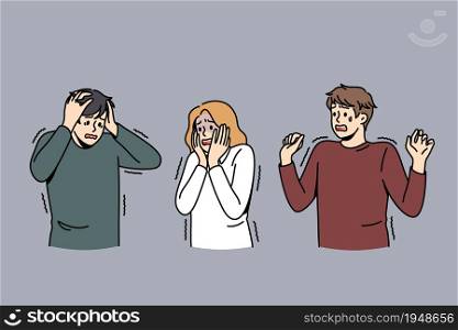 Panic and being scared concept. Group of young people standing touching cheeks faces heads feeling crazy afraid panic vector illustration. Panic and being scared concept