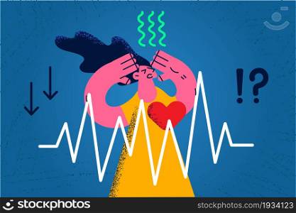 Panic and heart attack concept. Young furious stressed woman cartoon character standing touching head feeling pain in heart with fast heartbeat pulse vector illustration . Panic and heart attack concept.