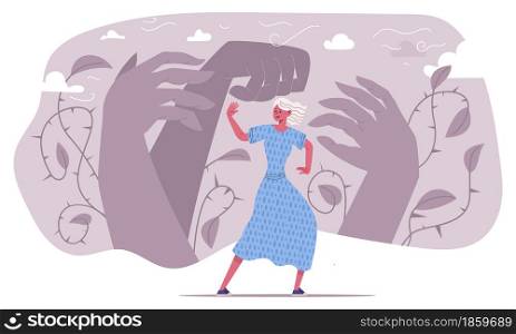 Panic attack, afraid scared frightened emotional person. Stressed unhappy woman suffering from psychological problems vector illustration. Anxiety fear concept