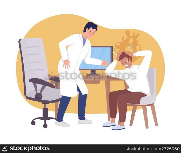 Panic attack at clinic 2D vector isolated illustration. Doctor and man flat characters on cartoon background. Healthcare institution colourful scene for mobile, website, presentation. Panic attack at clinic 2D vector isolated illustration