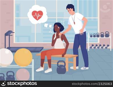 Panic attack at gym flat color vector illustration. Coach tries to reassure woman. Physical sensation of stress. Lady has heart attack 2D simple cartoon characters with gym on background. Panic attack at gym flat color vector illustration